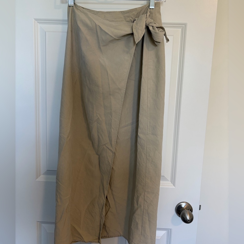 Vintage Ann Taylor Khaki Wrap Maxi Skirt with Side Tie 100% SILK